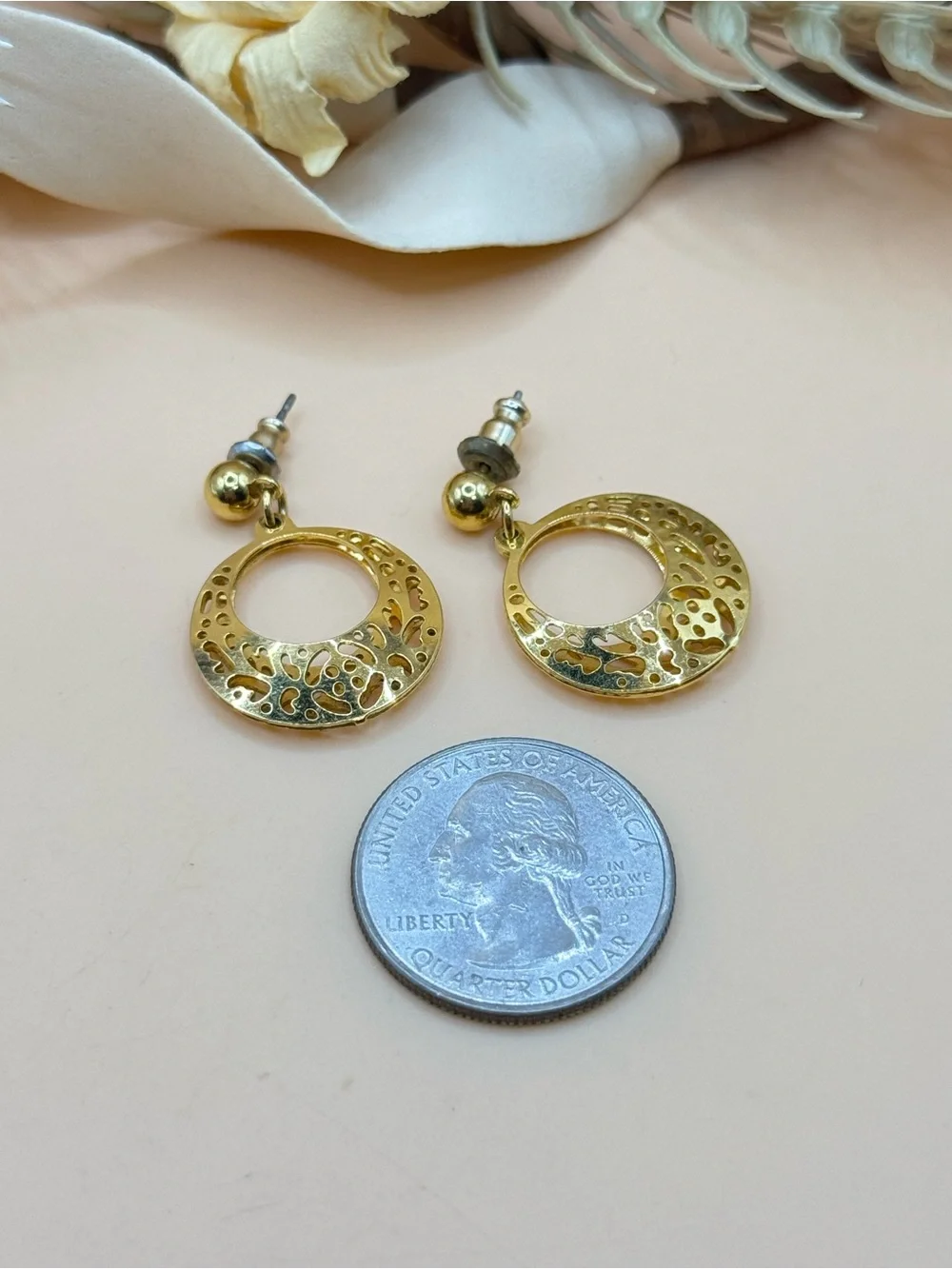 Gold Tone Filigree Circle Dangle Earrings Openwork Round Drop Earrings